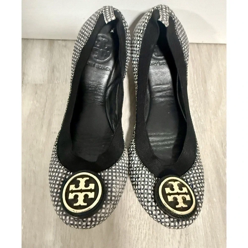 Tory Burch Ballet Flats Black White Patterned Logo Women Size 5M